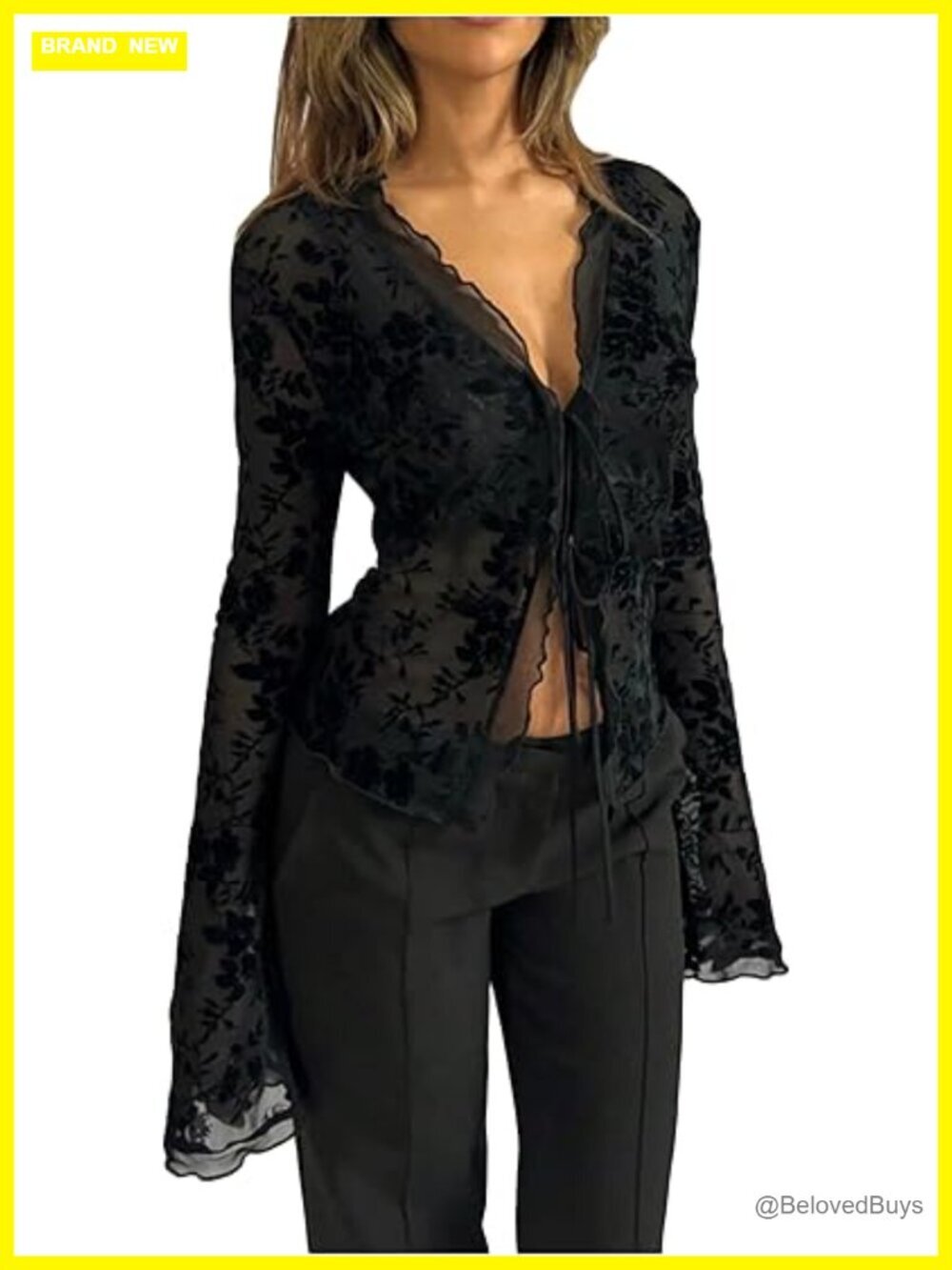 Sheer Mesh Long Sleeve Crop Top Tie Front V Neck Blouse